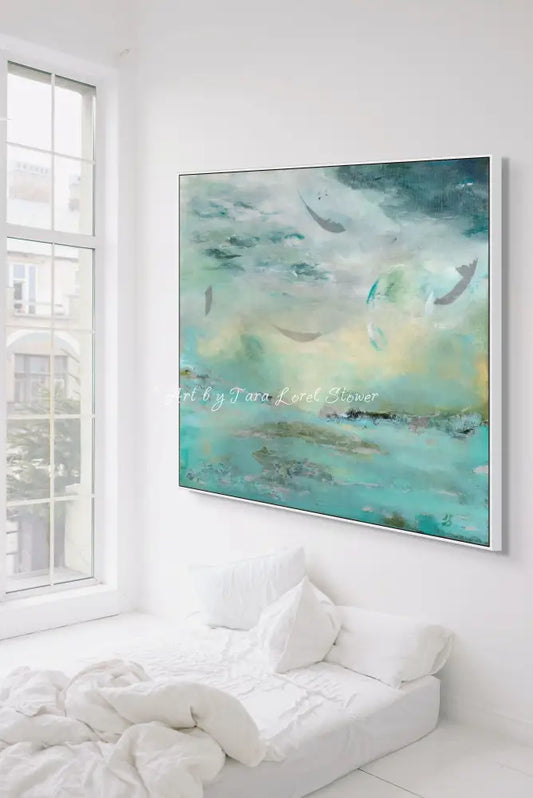 Turquoise Tide in Autumn’s Embrace ocean landscape with autumn leaves Limited Edition print by Tara Lorel Stower
