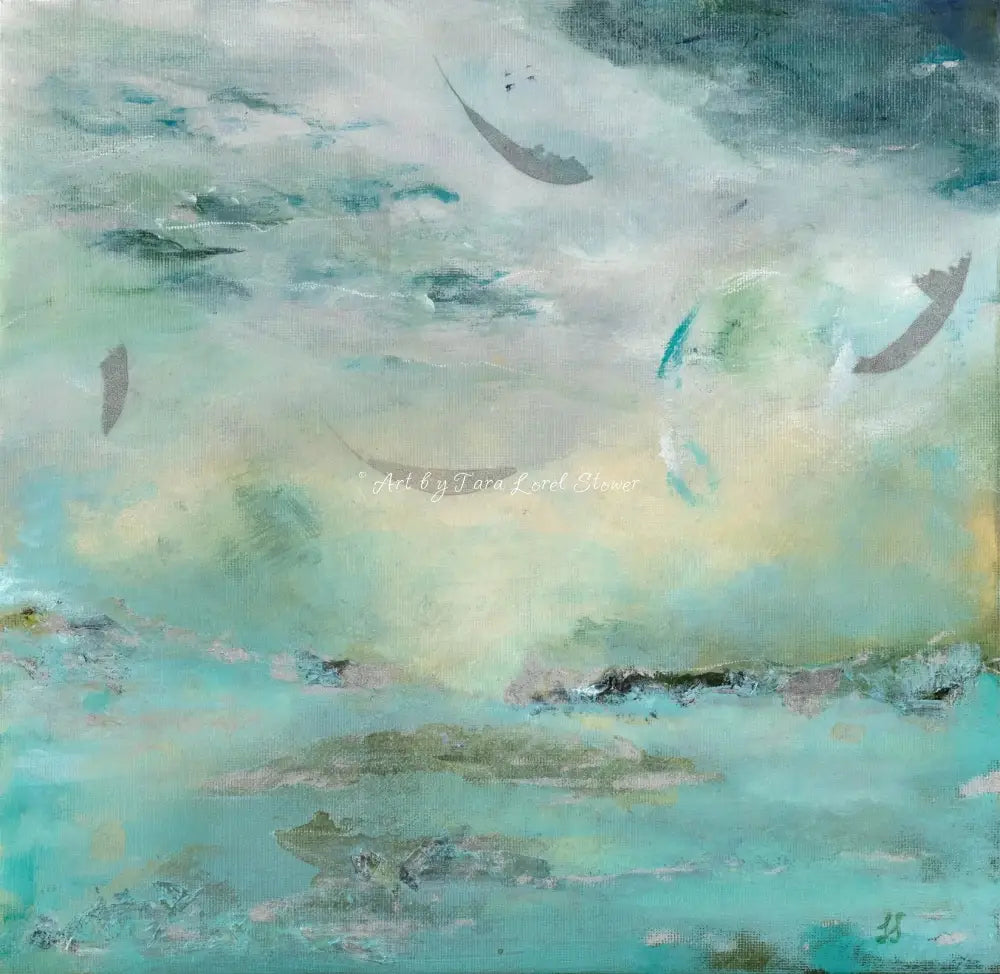 Turquoise Tide in Autumn’s Embrace ocean landscape with autumn leaves Limited Edition mixed media by Tara Lorel Stower