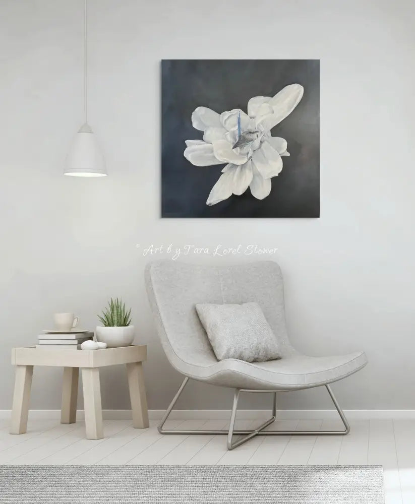 A Pause in the Petals Magnolia flower and fairy wren original oil painting by Tara Lorel Stower