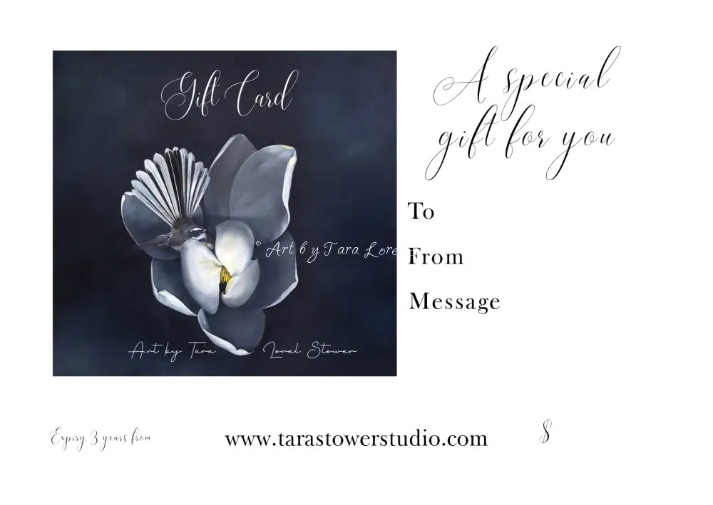Bird art gift voucher card by Australian NZ artist Tara Lorel Stower