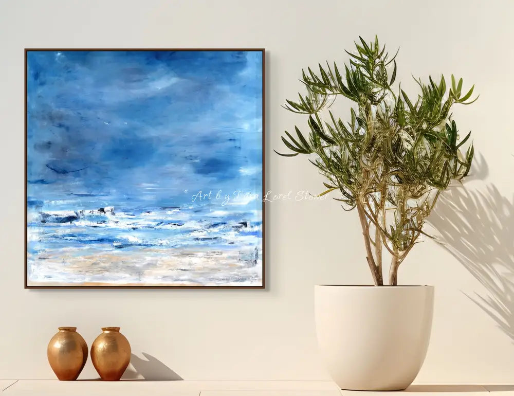 Dancing Tide beach landscape Limited Edition print framed on wall by Tara Lorel Stower