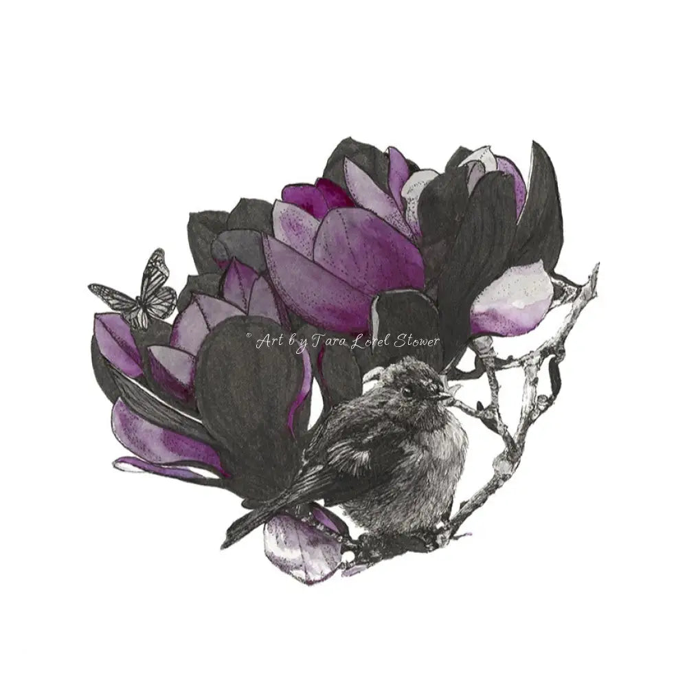 Bird Magnolia & Butterfly — Original - Pen & Ink with Watercolour Study